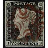 1d Black "IB" Plate 1a. 4 margins, fine MAGENTA Maltese cross cancel.