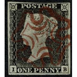 1d Black "IB" Plate 1a. 4 margins, fine MAGENTA Maltese cross cancel.