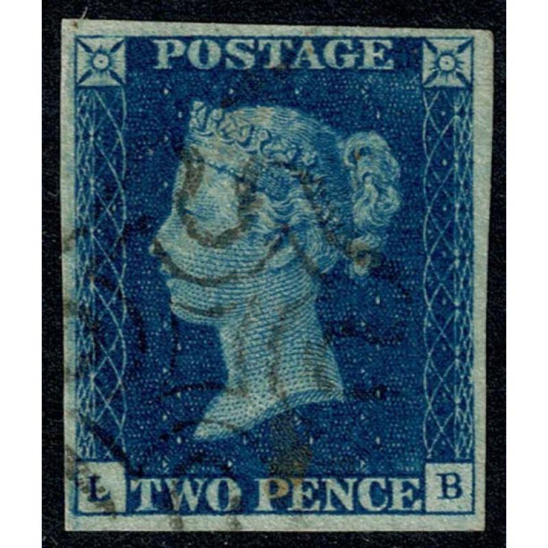 2d deep blue SG 4 Plate 2 "LB". Lightly cancelled by black Maltese Cross.