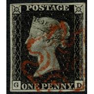 1d intense Black. Plate 6 "GD". Four even margins cancelled by red Maltese Cross