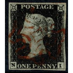 1d intense black "NI" Plate 4. 4 margins. Cancelled by red Maltese Cross.