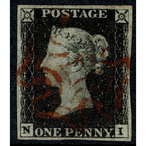 1d intense black "NI" Plate 4. 4 margins. Cancelled by red Maltese Cross.