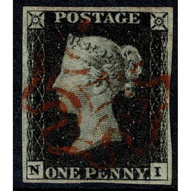 1d intense black "NI" Plate 4. 4 margins. Cancelled by red Maltese Cross.
