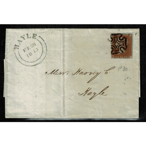 1841 1d Red "MJ" Plate 30. Black MC on entire to Hayle