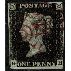 1d Black. Plate 4 "GH". Violet Maltese Cross cancellation.