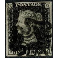 1d black "HH" Plate 10. Four margins. Black Maltese cross cancellation.