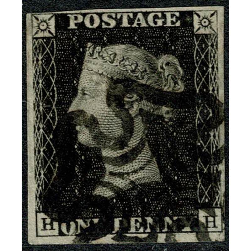 1d black "HH" Plate 10. Four margins. Black Maltese cross cancellation.