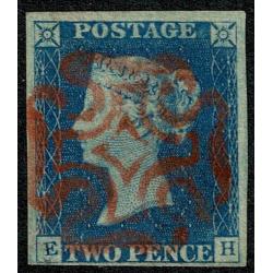 1840 2d Blue "EH" Plate 1. Complete RUBY shade of MAGENTA Maltese cross cancel. BPA certificate.