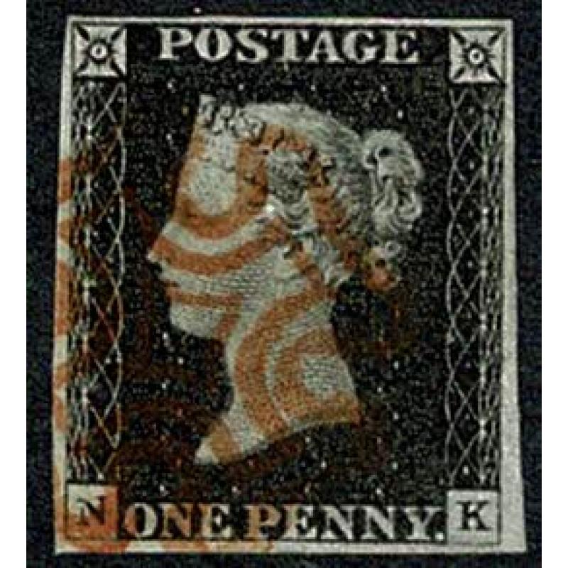 1d Black "NK" Plate 2. Cancelled by red Maltese cross.