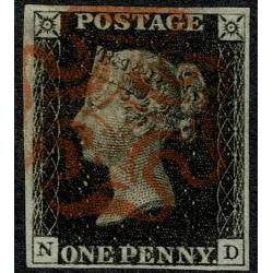 1d intense Black. Plate 8 "ND". Four good margins cancelled by red Maltese Cross