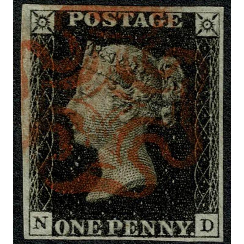 1d intense Black. Plate 8 "ND". Four good margins cancelled by red Maltese Cross
