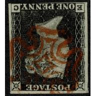 1d Black. Plate 1b "EC". WATERMARK INVERTED red Maltese Cross cancellation