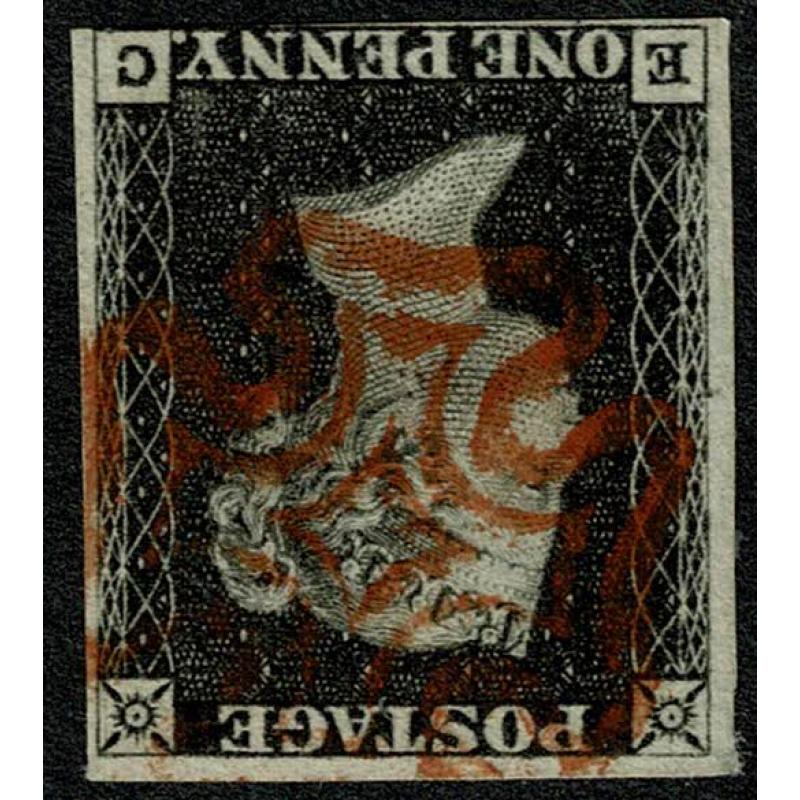 1d Black. Plate 1b "EC". WATERMARK INVERTED red Maltese Cross cancellation