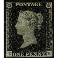 1d Black "DE" Plate 1b. MOUNTED MINT. Showing roller flaw.