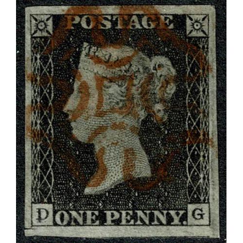 1d Black "DG" Plate 2. Four margin. Fine used. Excellent clear double "D"