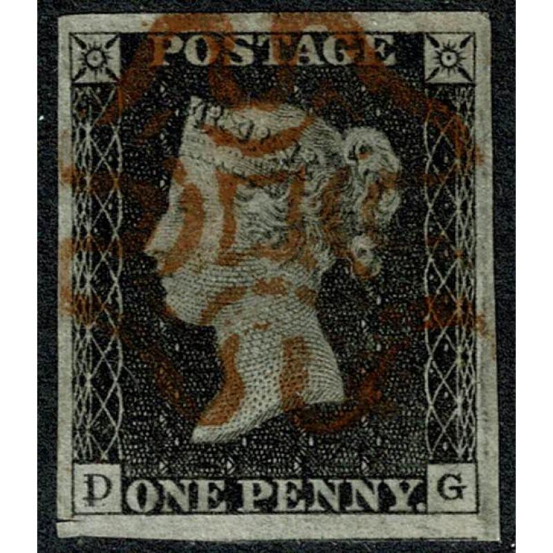 1d Black "DG" Plate 2. Four margin. Fine used. Excellent clear double "D"