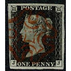 1d Black ""JJ" Plate 1b. Four good to large margins cancelled by red Maltese cross