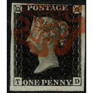 1d intense Black. Plate 8 "TD". Four clear to large margins cancelled by red Maltese Cross.