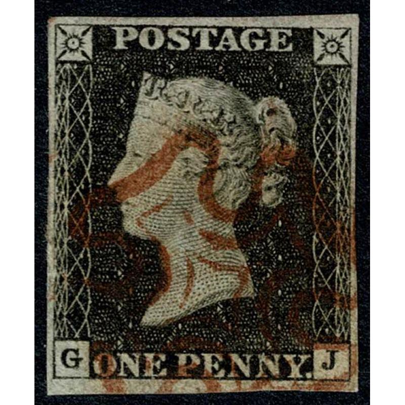 1d Black "GJ" Plate 1a. Fine used four margins, cancelled by red Maltese cross.