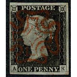 1d Black "AK" Plate 2. Four good to large margins cancelled by red Maltese cross
