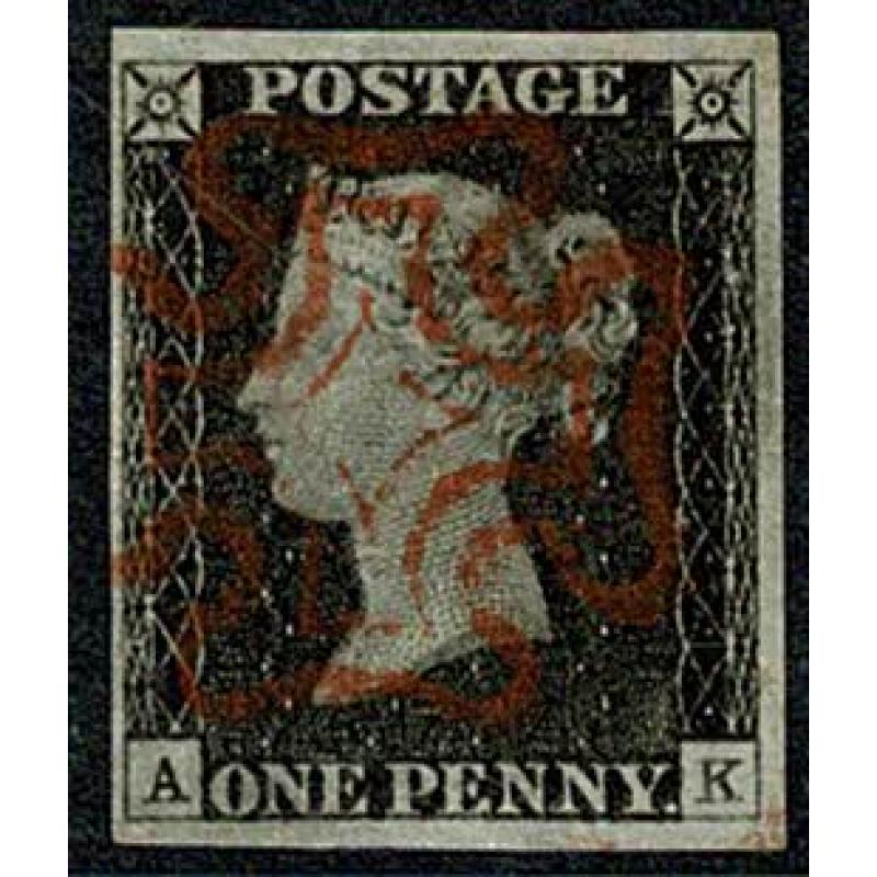 1d Black "AK" Plate 2. Four good to large margins cancelled by red Maltese cross