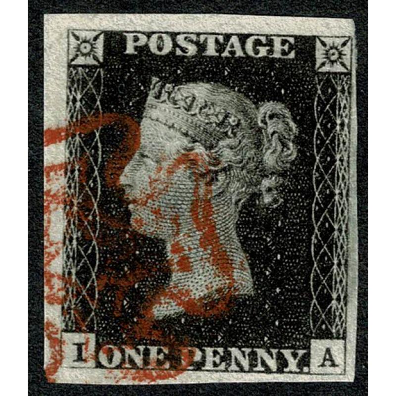 1d Black. Plate 1a "IA". Four good to large margins cancelled by red Maltese Cross.