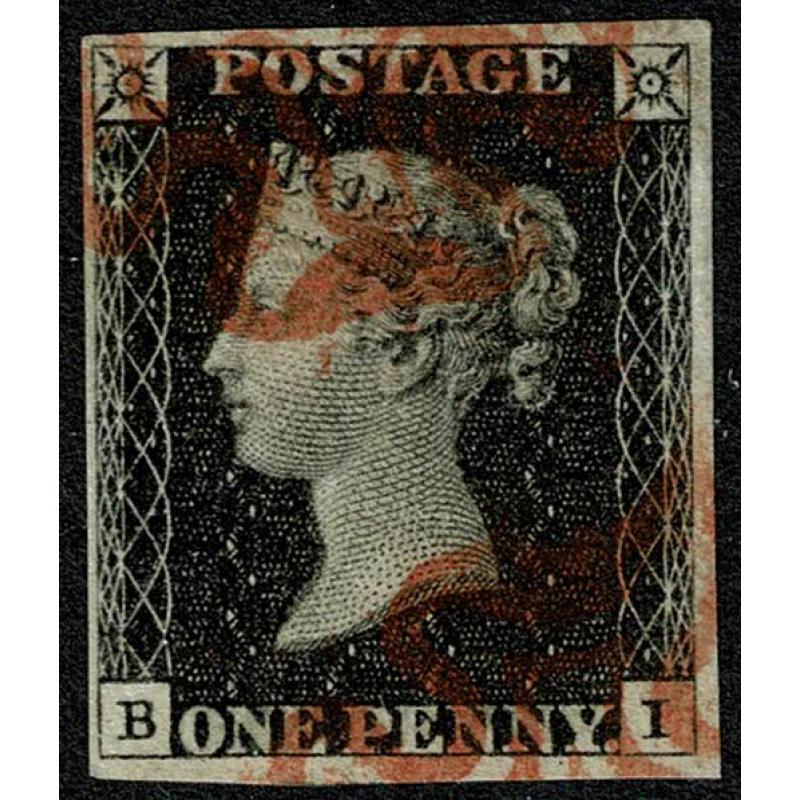 1d Black. Plate 1b "BI". Red Maltese Cross cancellation