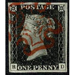 1d Black "RD" Plate 2. Four large margins cancelled by bright red Maltese cross