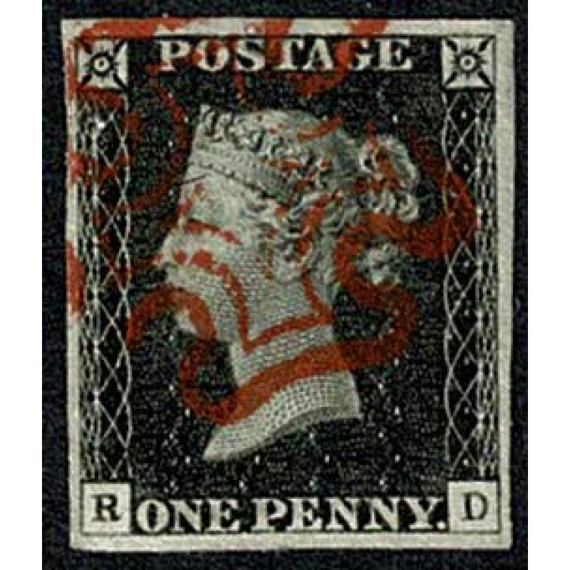 1d Black "RD" Plate 2. Four large margins cancelled by bright red Maltese cross