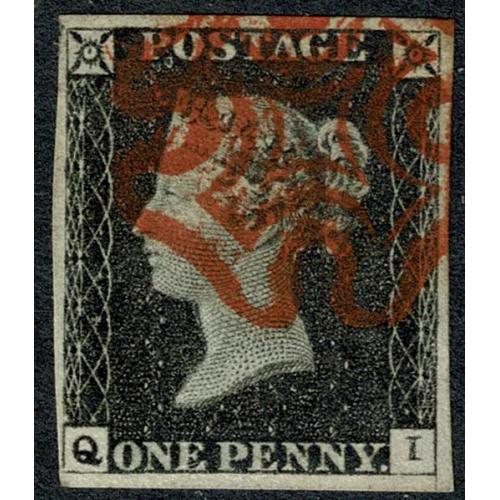 1d Black. Plate 2 "QI". Four margins cancelled by bright red red Maltese Cross.