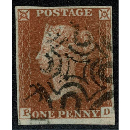 1841 1d Red "PD" Plate 21.  Black MC. 4 margins large to close.