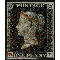 1d Black "DF" Plate 4. Red Maltese cross cancellation.