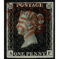 1d Black "AF" Plate 6. Four good to large margins. Cancelled by red Maltese cross.