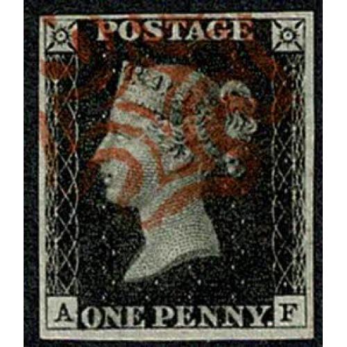 1d Black "AF" Plate 6. Four good to large margins. Cancelled by red Maltese cross.