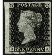 1d Black. Plate 1b "RA". Four good very large margins cancelled by black Maltese Cross.