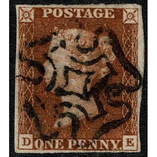 1d Red "DE" Plate 8. Near complete black Maltese cross.