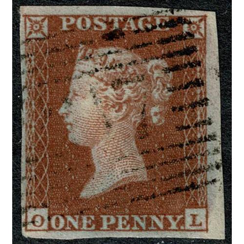 1841 1d Red "OL" Plate 127. Lavender tinted paper.