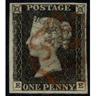 1d Black "EE" Plate 3. Fine used four margins light red Maltese cross