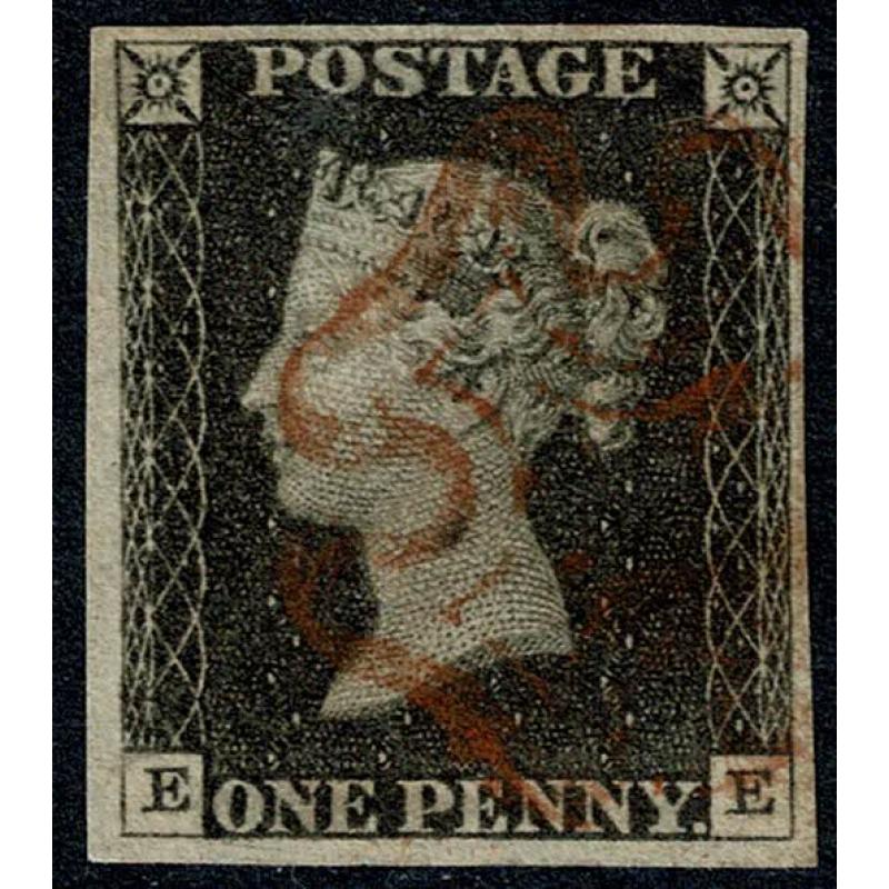 1d Black "EE" Plate 3. Fine used four margins light red Maltese cross