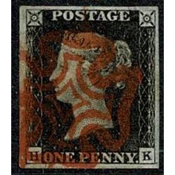 1d Black "HK" Plate 4. Four good to large margins cancelled by bright red Maltese cross.
