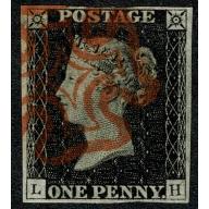 1d Black. Plate 1b "LH". Four margins cancelled by red Maltese Cross