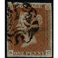 1841 1d Red "SC" Plate 29.  Black MC. 4 margins.