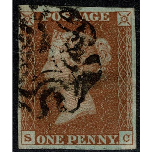1841 1d Red "SC" Plate 29.  Black MC. 4 margins.