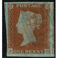 1841 1d Red "PG" Plate 96. Blue 1844 type cancel.