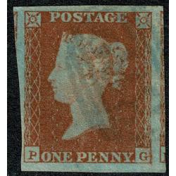 1841 1d Red "PG" Plate 96. Blue 1844 type cancel.