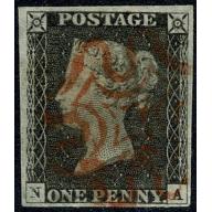 1d grey black "NA" Plate 2. Four margins good to close, red Maltese cross cancel.