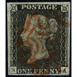 1d grey black "NA" Plate 2. Four margins good to close, red Maltese cross cancel.
