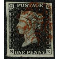 1d Black. Plate 1b "NK". Four margins cancelled by red Maltese Cross