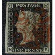 1d Black. Plate 2 "MB". Four good to large margins cancelled red red Maltese Cross.
