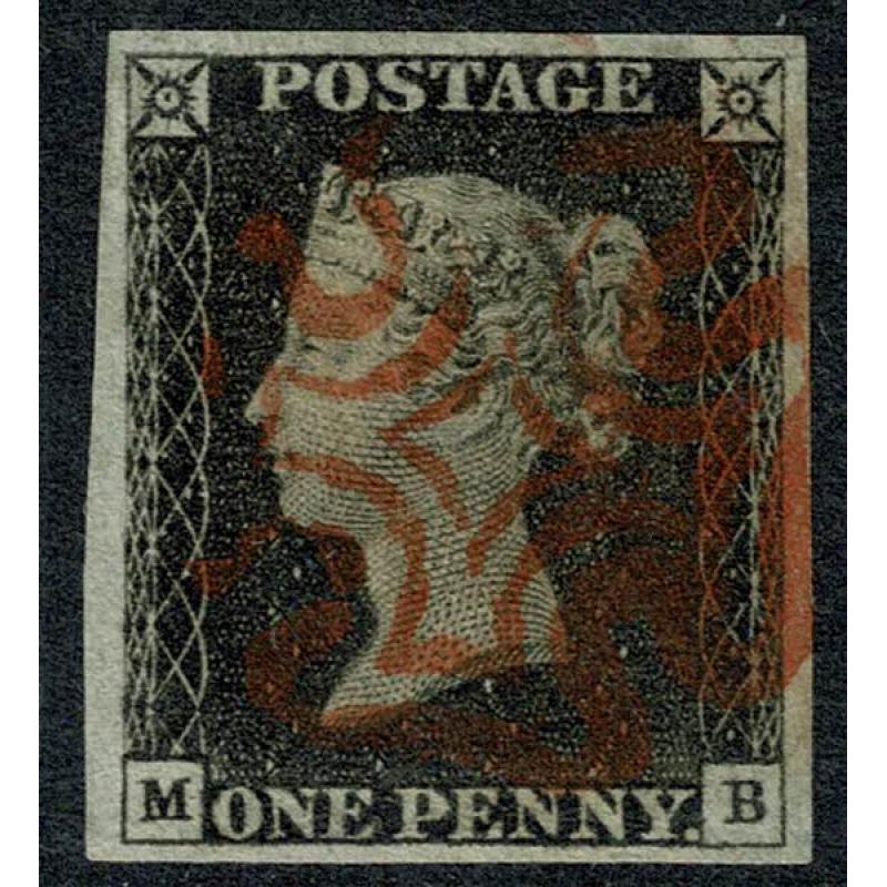 1d Black. Plate 2 "MB". Four good to large margins cancelled red red Maltese Cross.